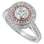 A Double Diamond Halo Engagement Ring with Australian Pink Diamonds C250 adorned with Australian pink diamonds.