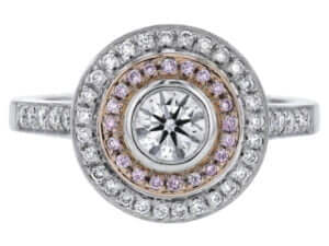 A stunning Double Diamond Halo Engagement Ring with Australian Pink Diamonds C250 adorned with Australian pink diamonds.