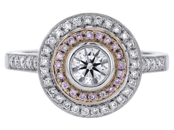 A stunning Double Diamond Halo Engagement Ring with Australian Pink Diamonds C250 adorned with Australian pink diamonds.