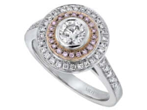 A Double Diamond Halo Engagement Ring with Australian Pink Diamonds C250 adorned with Australian pink diamonds.