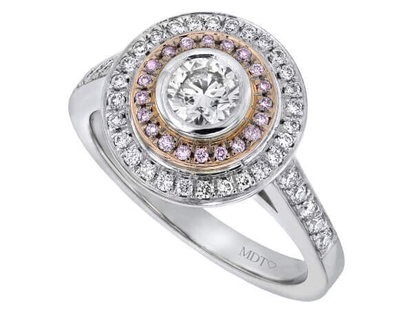 A Double Diamond Halo Engagement Ring with Australian Pink Diamonds C250 adorned with Australian pink diamonds.