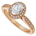 A stunning 18ct rose gold oval halo engagement ring in rose gold, featuring an exquisite oval diamond beautifully set in a delicate halo of glittering diamonds.