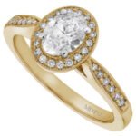 A stunning Grain Set Oval Diamond Halo Engagement Ring C1018, delicately crafted in yellow gold.