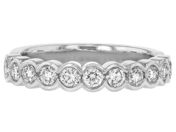 This white gold band features round diamonds in a half bezel-set design, making it a stunning and elegant round diamond wedding ring.