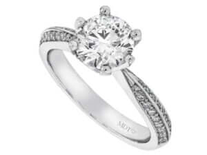 A white gold diamond engagement ring.