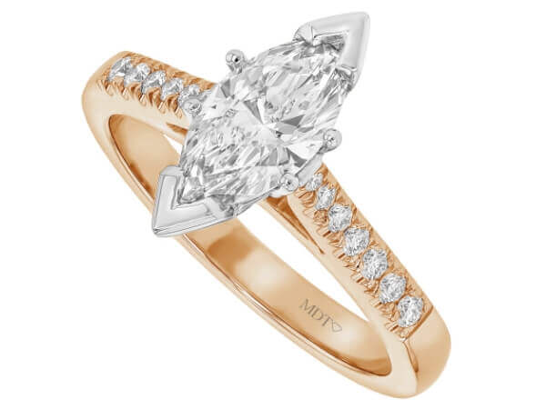 Marquise diamond engagement ring in 14k rose gold with side diamonds.
