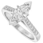 Stunning marquise diamond engagement ring featuring side diamonds, set in elegant white gold.