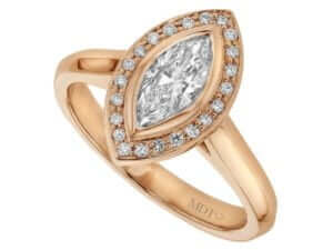 Marquise diamond engagement ring in 14k rose gold, featuring a stunning halo design.