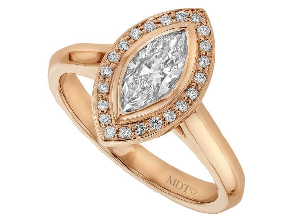 Marquise diamond engagement ring in 14k rose gold, featuring a stunning halo design.