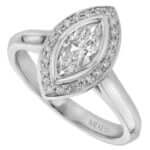 White gold halo engagement ring with a stunning marquise diamond centerpiece.