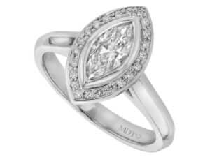 White gold halo engagement ring with a stunning marquise diamond centerpiece.