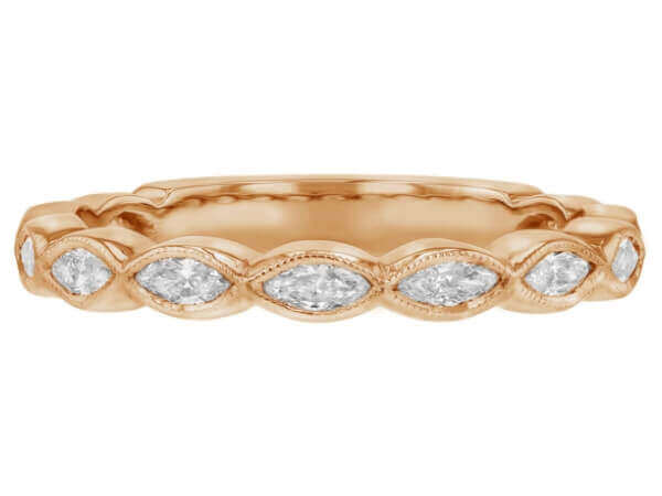 A ladies rose gold ring adorned with marquise diamonds (C1069).
