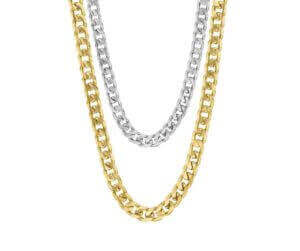 Two chain necklaces are displayed, one in white gold and one in yellow gold, laid parallel to each other. These elegant pieces highlight a refined aesthetic, perfect for those seeking stylish gold chains for men.