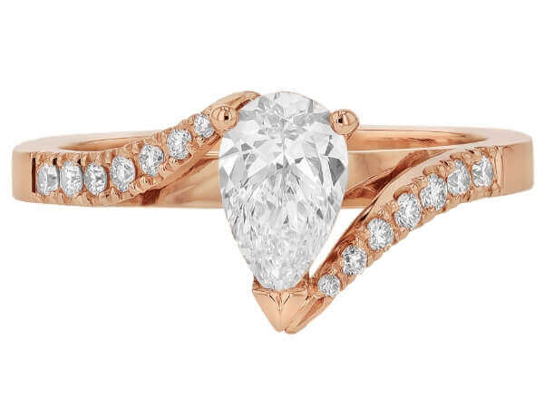 An 18ct rose gold swept band diamond engagement ring with a pear-shaped diamond. Top view