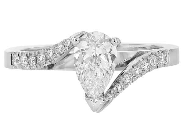 An 18ct white gold swept band diamond engagement ring with a pear-shaped diamond. Top view