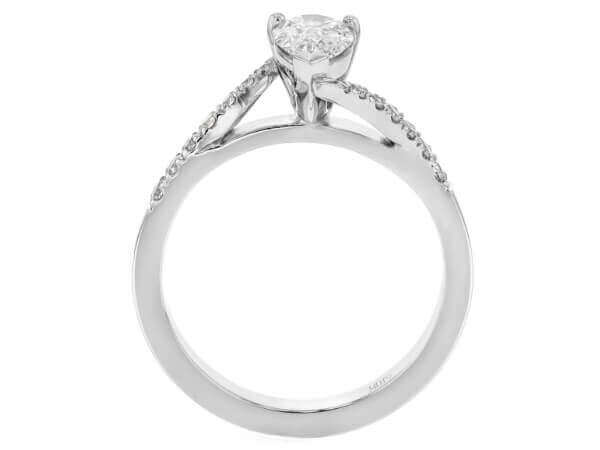 18ct white Gold Engagement Ring with Pear Diamond and swept band C1075 - side view