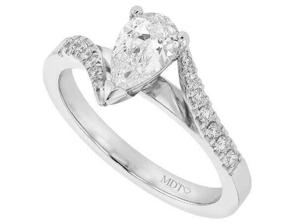 18ct white Gold Engagement Ring with Pear Diamond and swept band C1075.