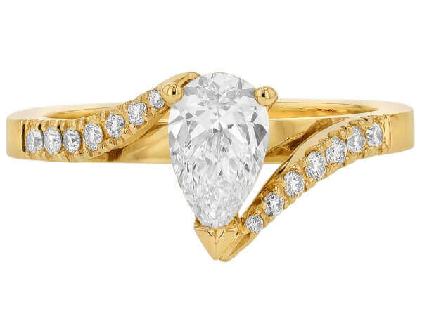 An 18ct yellow gold swept band diamond engagement ring with a pear-shaped diamond. Top view