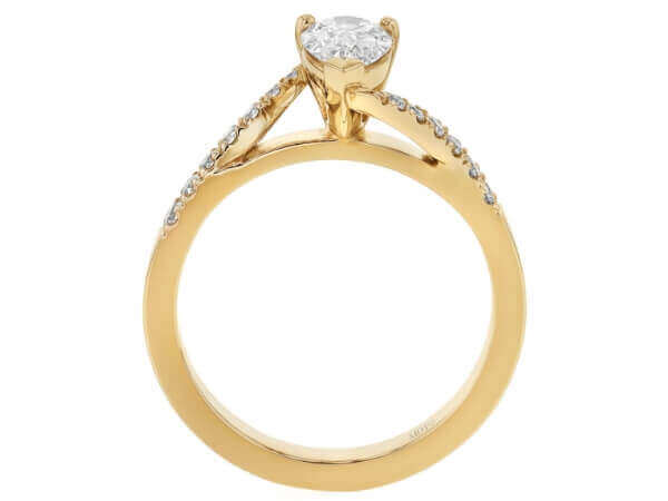 18ct yellow Gold Engagement Ring with Pear Diamond and swept band C1075 - side view