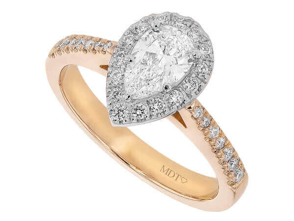 An exquisite Pear Shape Diamond Halo Engagement Ring in 18ct Rose Gold C1058, elegantly crafted in shimmering rose gold.