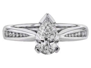 A pear shaped diamond engagement ring in white gold.