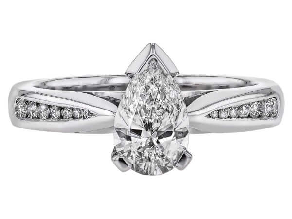A pear shaped diamond engagement ring in white gold.