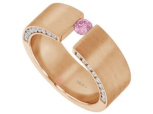 A rose gold tension set ring adorned with a captivating pink sapphire surrounded by sparkling diamonds.