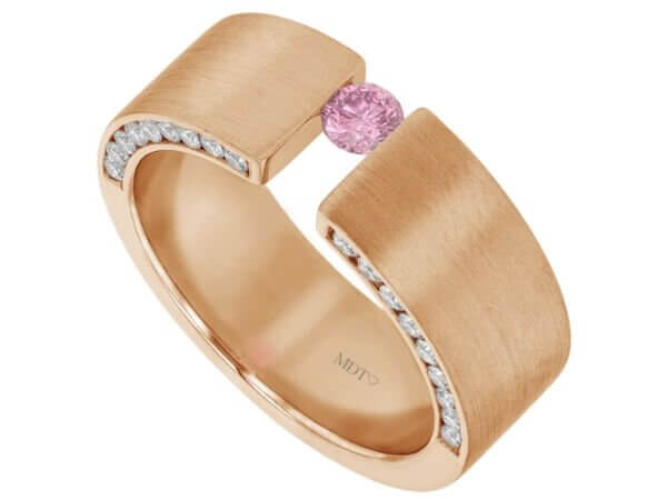 A rose gold tension set ring adorned with a captivating pink sapphire surrounded by sparkling diamonds.
