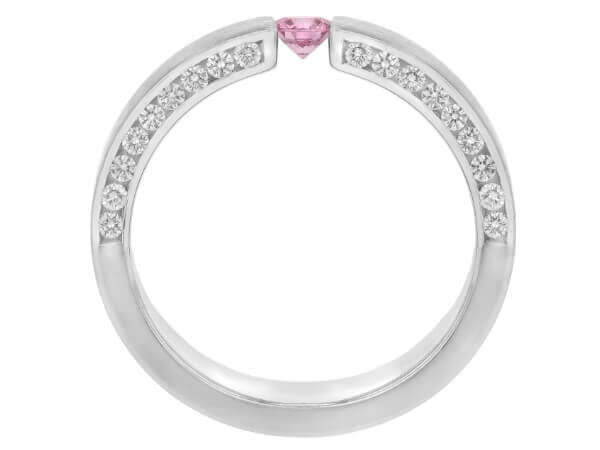A Pink Diamond Tension Set Ring with Diamonds on the Face of the Band C827 adorned with pink sapphires and diamonds.