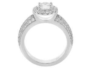 A stunning Round Diamond Halo Engagement Ring with Pave Diamond Band C1072 in white gold, adorned with shimmering diamonds.