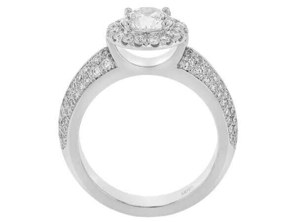 A stunning Round Diamond Halo Engagement Ring with Pave Diamond Band C1072 in white gold, adorned with shimmering diamonds.