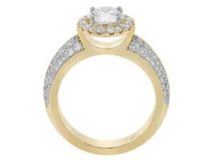 This round diamond halo engagement ring showcases a stunning yellow gold band adorned with pave diamonds.
