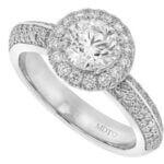 A Round Diamond Halo Engagement Ring with Pave Diamond Band C1072 in white gold.
