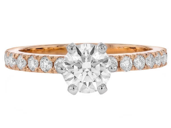A Six Claw Diamond Engagement Ring with Diamond Band C961 in rose gold and white gold.