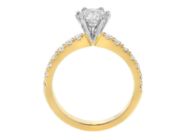 A stunning yellow gold engagement ring featuring a sparkling round diamond at the center and diamond band -Side view