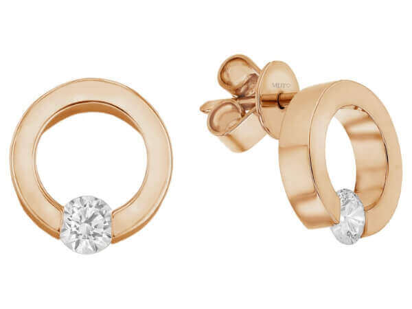 A pair of rose Gold Tension Set Diamond Earrings C1101 with .15ct tension set diamond in the center.