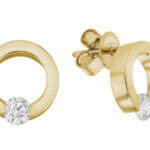 A pair of Tellow Gold Tension Set Earrings C1101, tension set with .15ct round dazzling diamonds.
