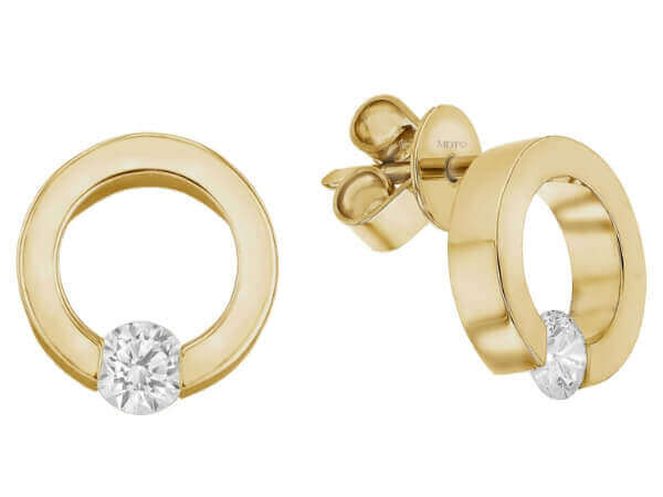 A pair of Tellow Gold Tension Set Earrings C1101, tension set with .15ct round dazzling diamonds.