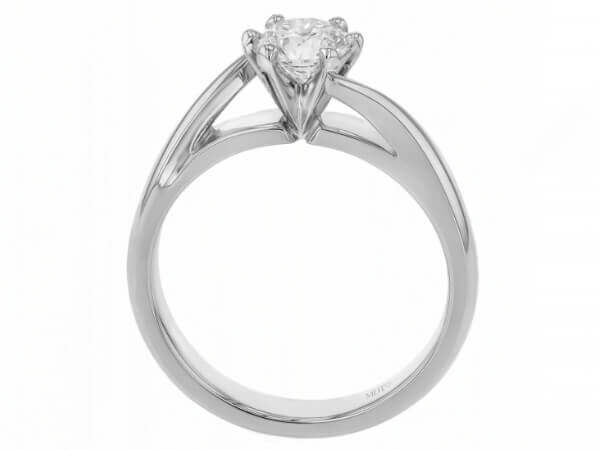 An elegant solitaire diamond engagement ring with a round brilliant cut diamond in white gold -Side view