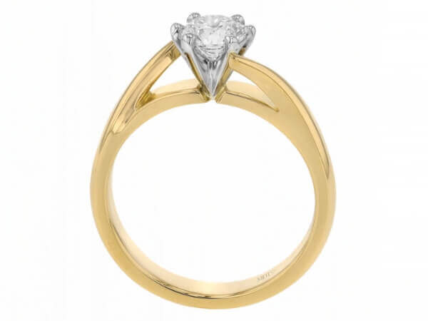A stunning Twisted Band Solitaire Diamond Engagement Ring C1035 with a solitaire diamond set in the center in 18ct yellow gold - Side view