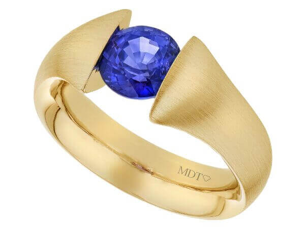 blue sapphire tension set ring with flared band c1221