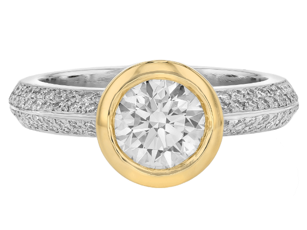diamond bezel set engagement ring with pave set knife edge band c259