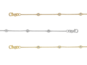 3 bezel set diamond bracelets in different golds c1140