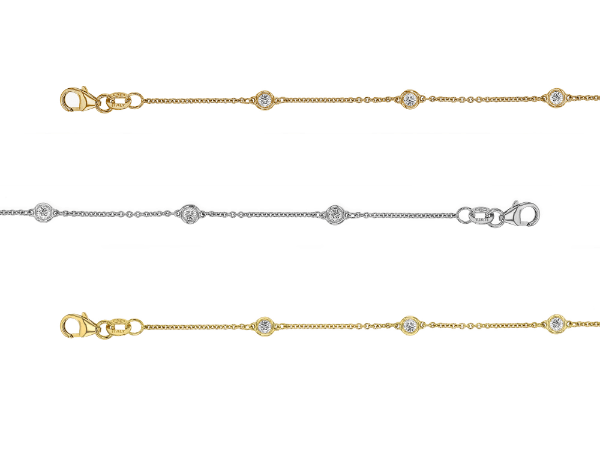 3 bezel set diamond bracelets in different golds c1140