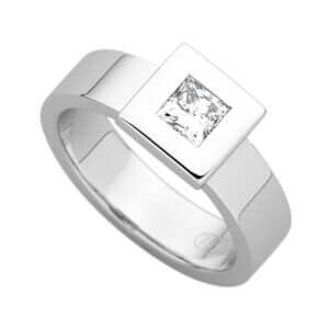 Bezel Set Engagement Ring with a princess cut diamond, in 18ct White Gold