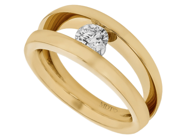 18ct yellow gold split band tension set ring with round diamond centre c251