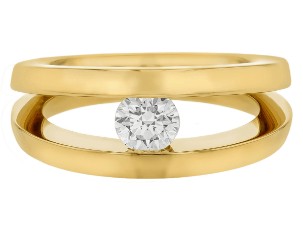 18ct yellow gold split band tension set ring with round diamond centre c251 - top view