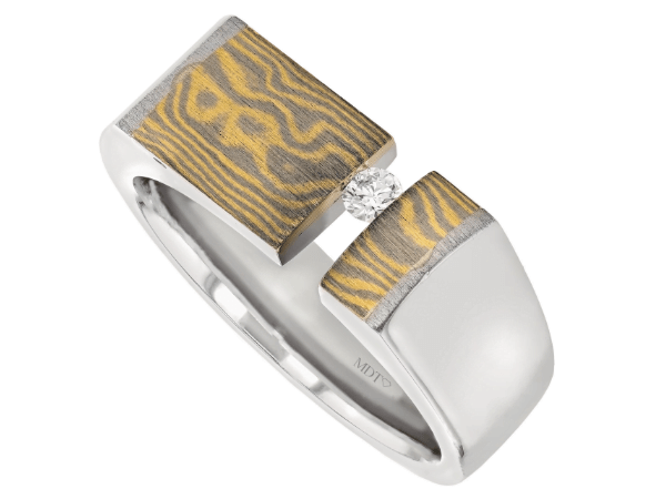 mokume gane signet ring with tension set diamond ‘the nicholas ring’