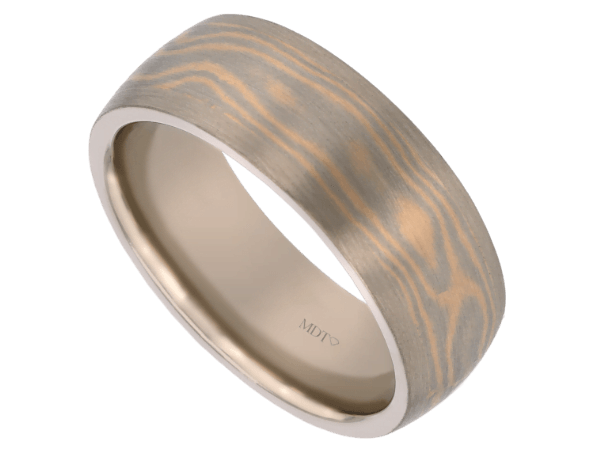 white and yellow gold mokume gane ring with white gold tracks c715