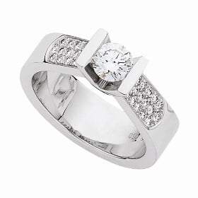 A white gold ring featuring a central round diamond held by a modern bar setting, flanked by smaller diamonds arranged in parallel rows along the band. Ideal for those seeking unique engagement rings that blend elegance with contemporary design.